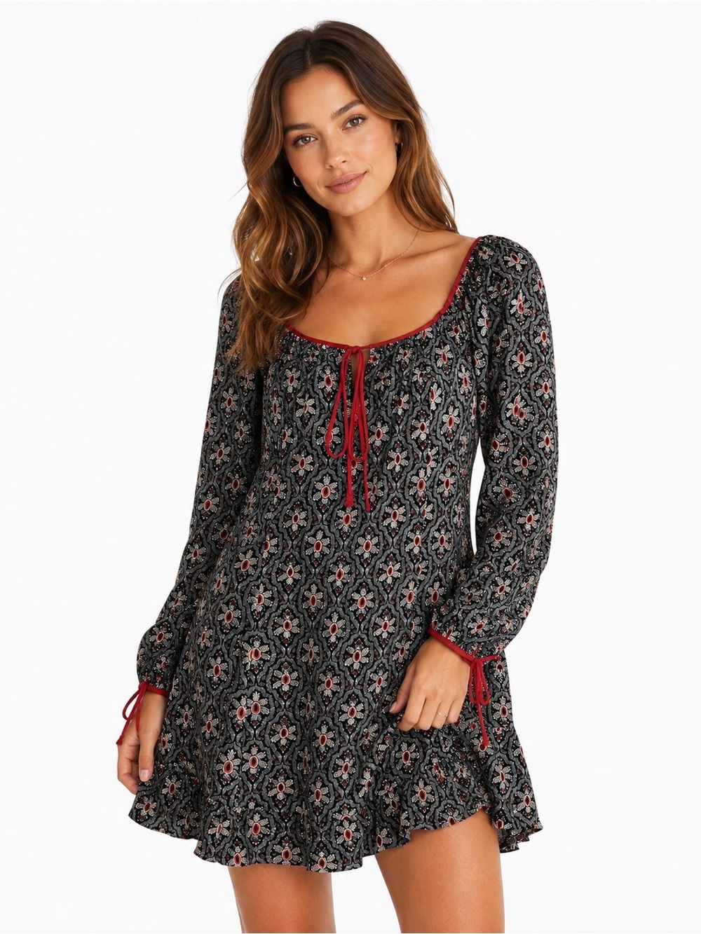 Hayden Los Angeles Boho Mini Dress Black Red Print Long Sleeve NWT Size M